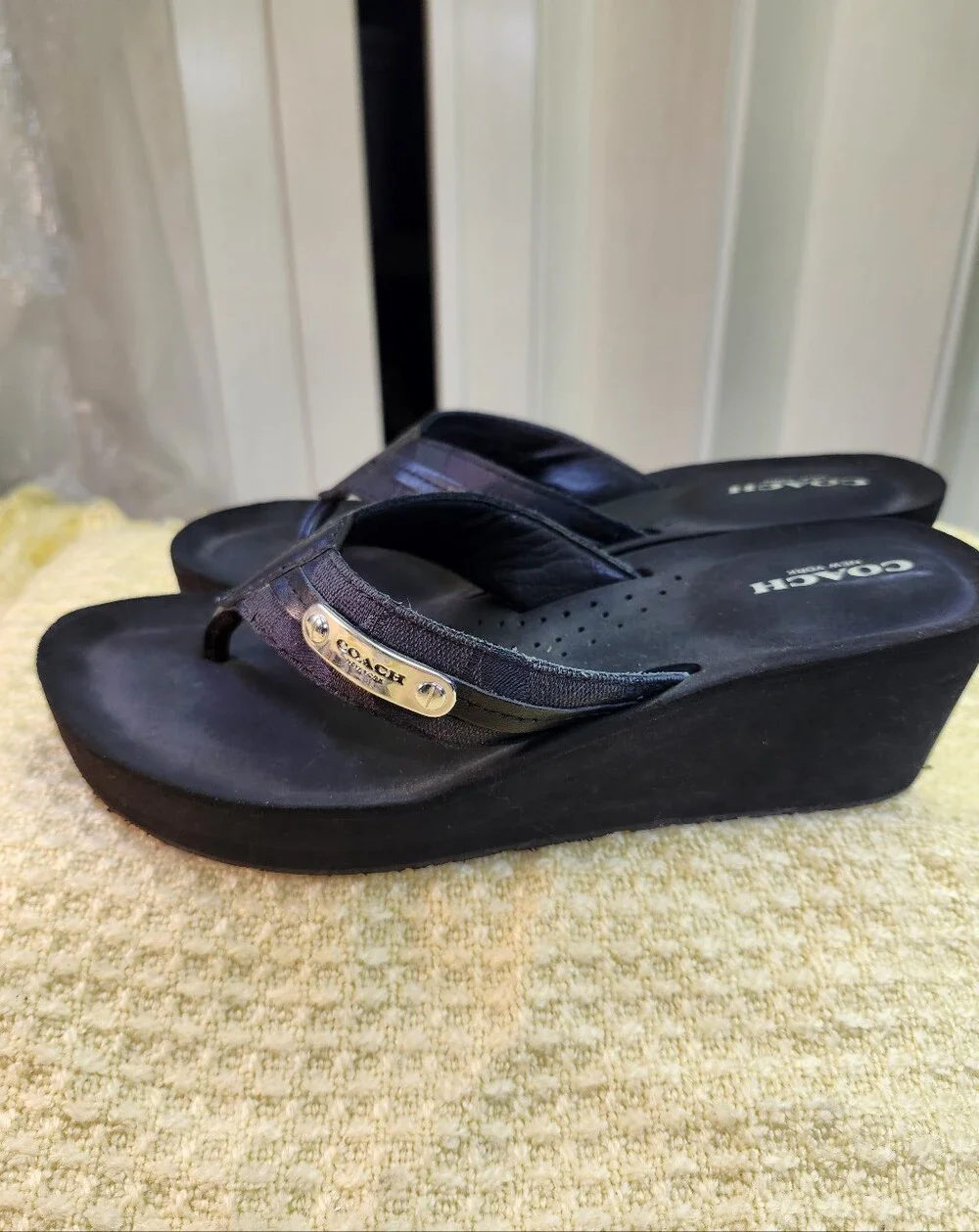 Coach Black Women's Thong Sandals with Leather and Fabric Straps